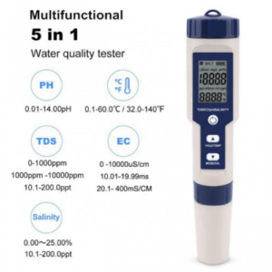 5 in 1 Water Quality Tester for TDS, EC, pH, Salinity, Temp.