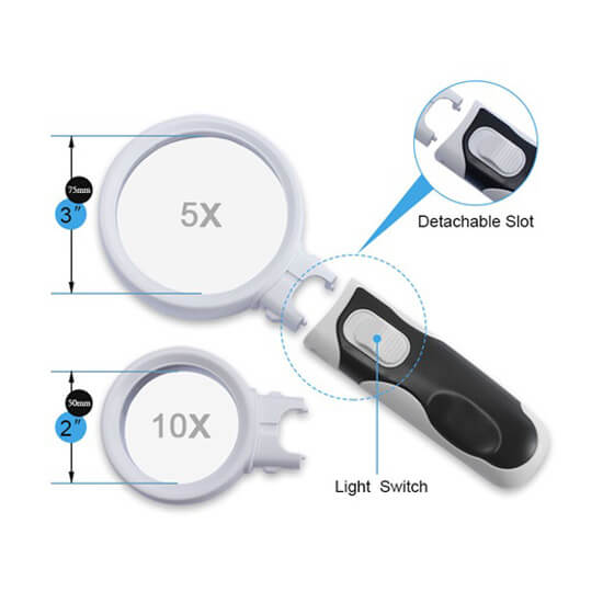 Interchangeable Magnifying Glass 25x 5x 16x With 2 LED Bulb