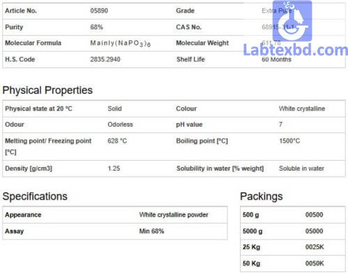 Sodium Hexametaphosphate 500g Extra Pure, Loba India - SRM Trading ...