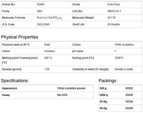 Spec. of SODIUM HEXAMETAPHOSPHATE Extra Pure