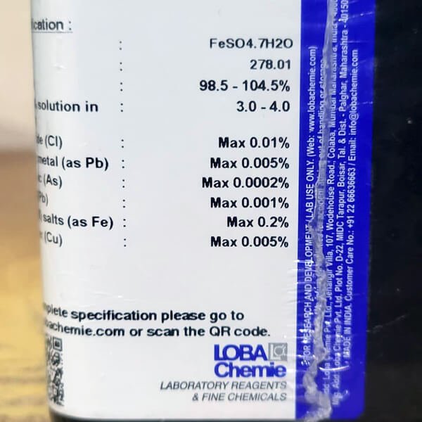 Ferrous Sulfate Heptahydrate 500gm Loba India Details Ferrous Sulfate Heptahydrate 500gm Loba India Details