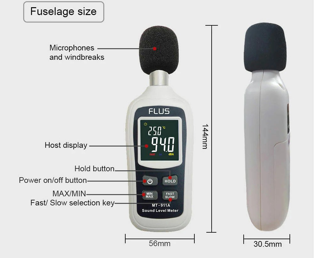 Diagram of Flus Digital Mini Sound Level Meter MT 911A with Temperature