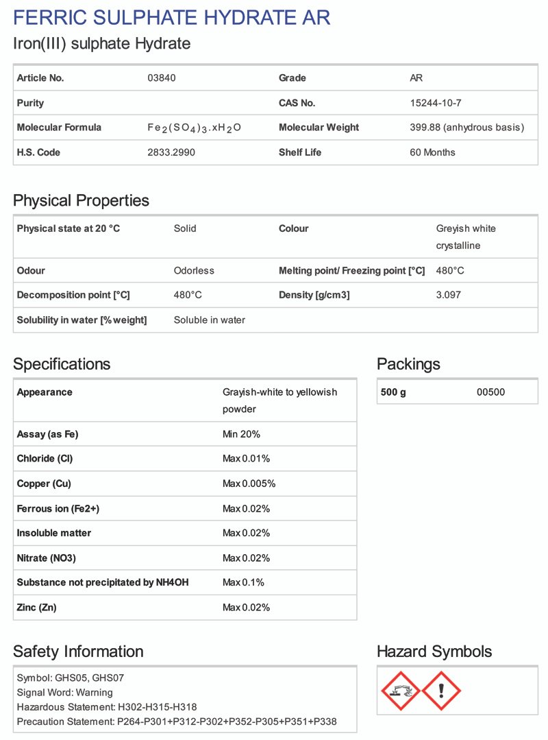 Specifications of Ferric Sulfate Hydrate 500gm AR Grade, Loba India