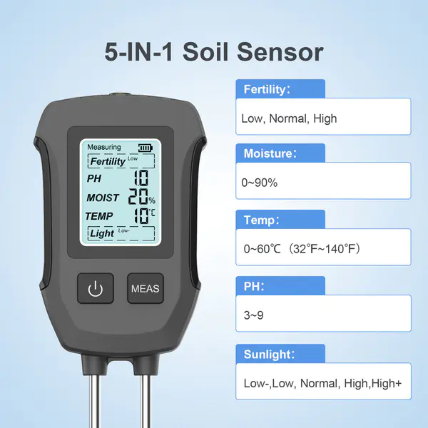 Precision 5 in 1 Soil Tester for Fertility, Moisture, Temperature, pH and Sunlight Meter Features